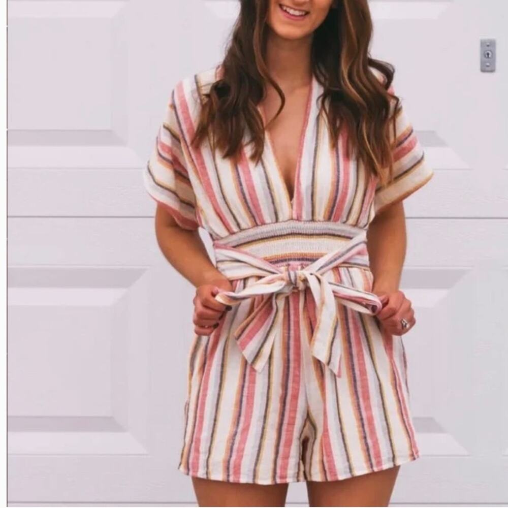 American Eagle Linen Blend Striped perfect Fall colors Romper Size M